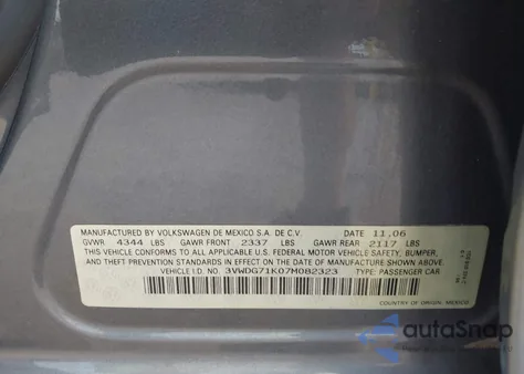 2007 Volkswagen Jetta 2.5 z USA, uszkodzony, nr VIN 3VWDG71K07M082323